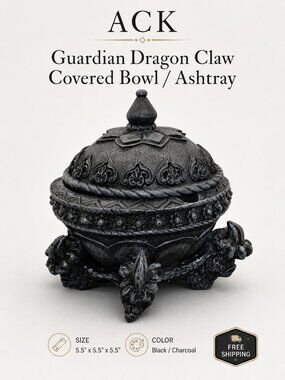ACK Guardian Dragon Claw Covered Ashtray Trinket Bowl 5.5" Black Gothic Resin